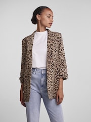 PIECES Animal Leopard Print Relaxed Ruched Sleeve Workwear 100% Cotton Blazer - Image 3 of 4