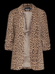 PIECES Animal Leopard Print Relaxed Ruched Sleeve Workwear 100% Cotton Blazer - Image 5 of 5