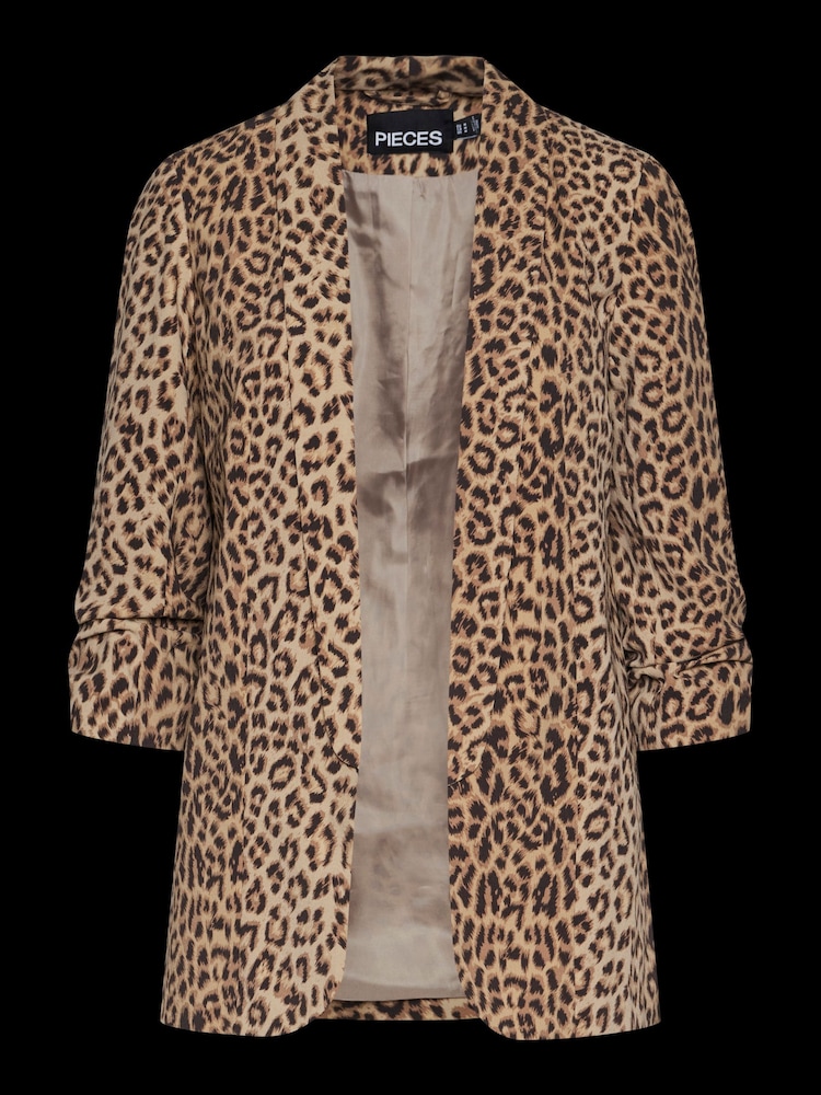 PIECES Animal Leopard Print Relaxed Ruched Sleeve Workwear 100% Cotton Blazer - Image 5 of 5