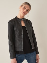 JDY Black Faux Leather Collarless 100% Cotton Jacket - Image 1 of 5