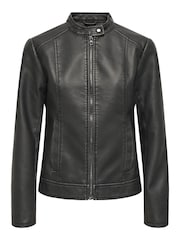 JDY Black Faux Leather Collarless 100% Cotton Jacket - Image 4 of 5