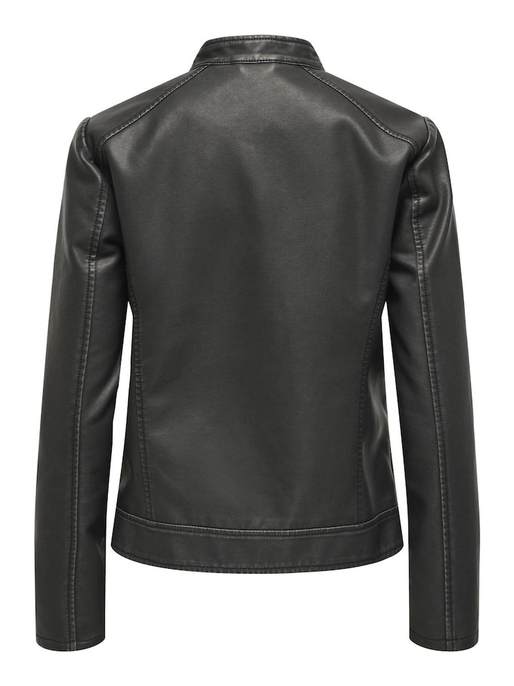 JDY Black Faux Leather Collarless 100% Cotton Jacket - Image 5 of 5