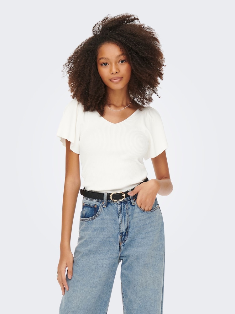 ONLY White Frill Sleeve 100% Cotton Top - Image 1 of 5