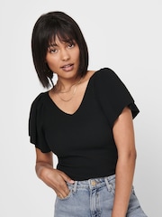ONLY Black Frill Sleeve 100% Cotton Top - Image 1 of 5