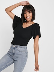 ONLY Black Frill Sleeve 100% Cotton Top - Image 4 of 5