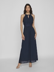 VILA Navy Blue Halterneck Flower Girl Lace Detail Occasion Maxi Dress - Image 1 of 4