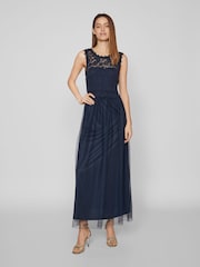 VILA Blue Sleeveless Lace And Tulle Maxi Dress - Image 1 of 7