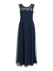 VILA Blue Sleeveless Lace And Tulle Maxi Dress - Image 6 of 7