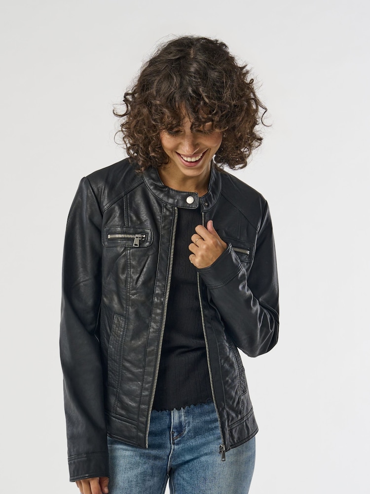 ONLY Black 100% Cotton Collarless PU Biker Jacket - Image 1 of 8
