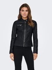 ONLY Black 100% Cotton Collarless PU Biker Jacket - Image 2 of 8