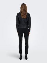 ONLY Black 100% Cotton Collarless PU Biker Jacket - Image 3 of 8