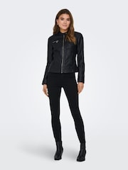 ONLY Black 100% Cotton Collarless PU Biker Jacket - Image 4 of 8