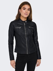 ONLY Black 100% Cotton Collarless PU Biker Jacket - Image 5 of 8