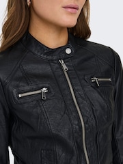 ONLY Black 100% Cotton Collarless PU Biker Jacket - Image 6 of 8
