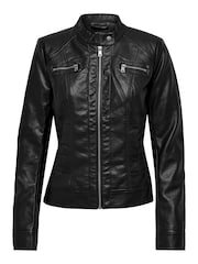 ONLY Black 100% Cotton Collarless PU Biker Jacket - Image 7 of 8