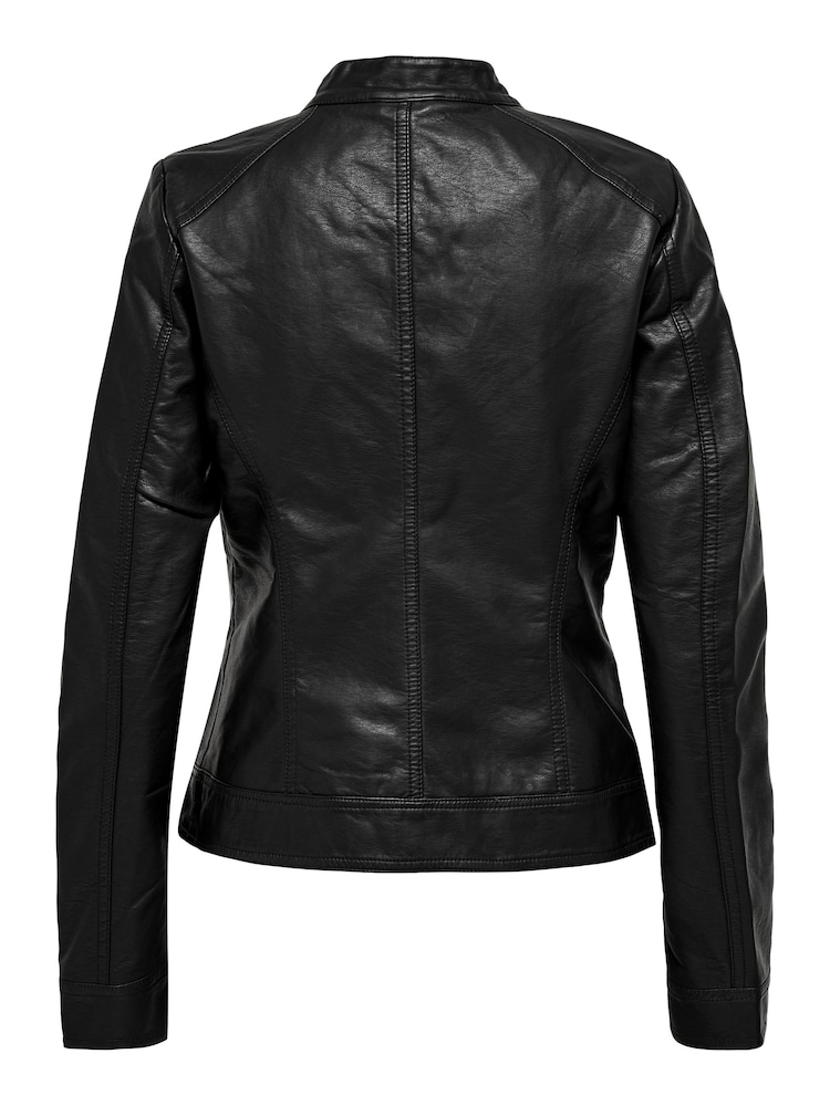 ONLY Black 100% Cotton Collarless PU Biker Jacket - Image 8 of 8