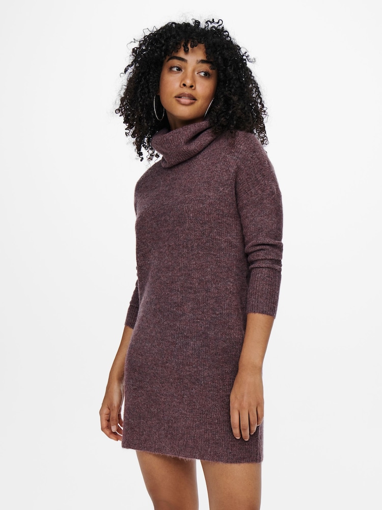 ONLY Burgundy Knitted Roll Neck Jumper Dress - Image 1 of 6