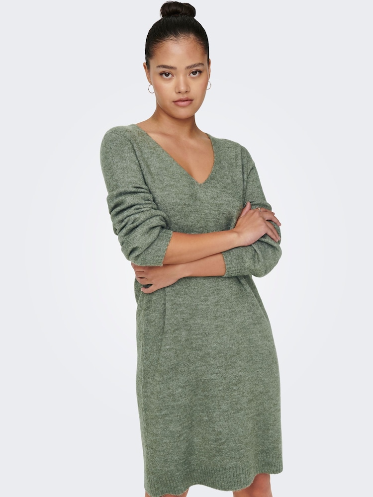 JDY Green V-Neck Knitted Jumper Dress - Image 1 of 6 JDY Green V-Neck Knitted Jumper Dress - Image 1 of 6