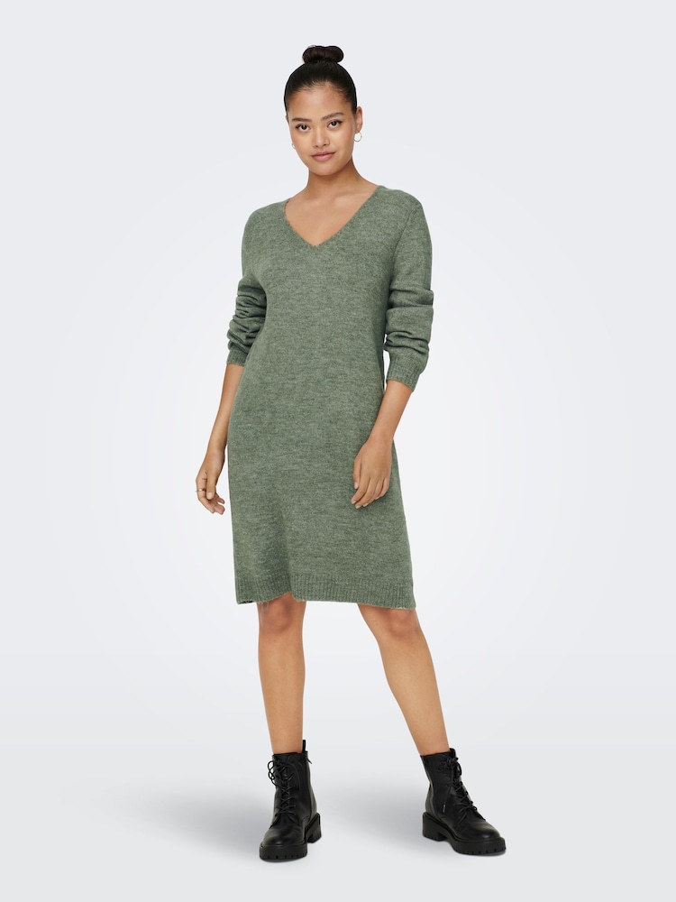 JDY Green V-Neck Knitted Jumper Dress - Image 2 of 6 JDY Green V-Neck Knitted Jumper Dress - Image 2 of 6