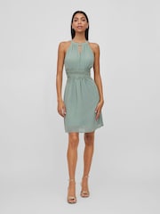 VILA Green Halter Neck Tulle Fit And Flare Dress - Image 1 of 7