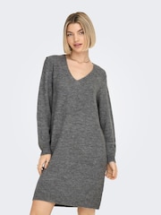 JDY Grey V-Neck Knitted Jumper Dress - Image 1 of 6