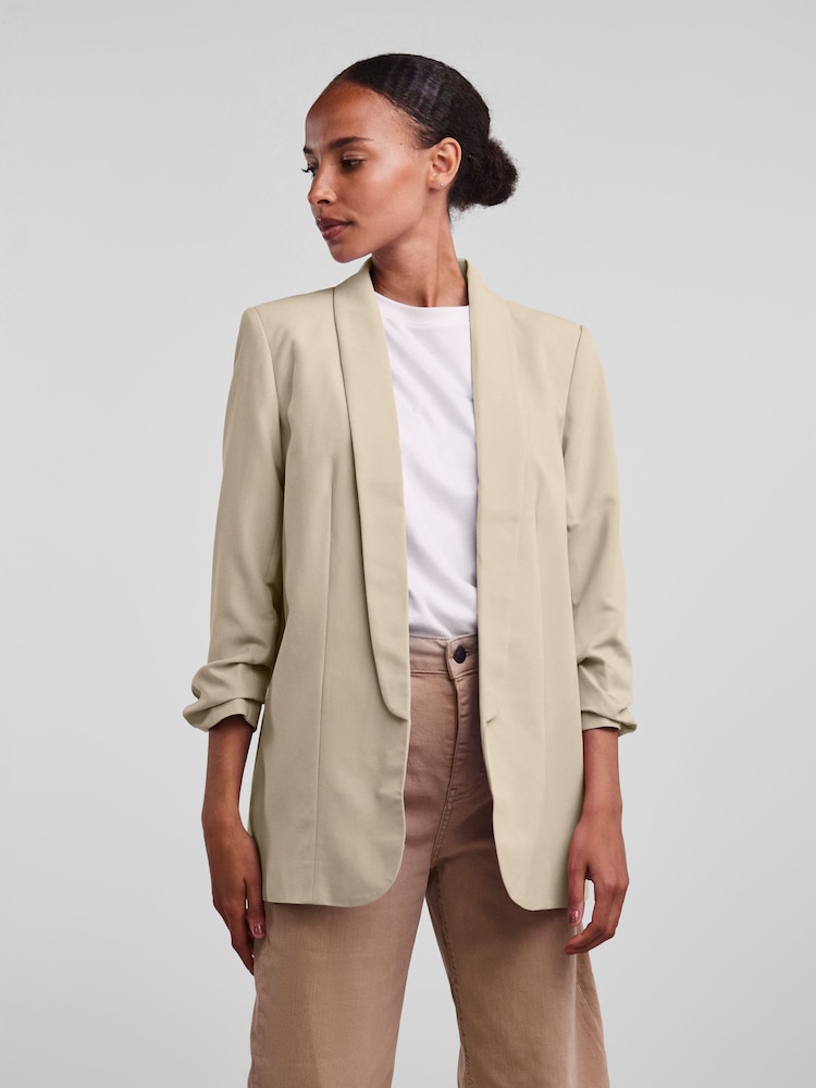 PIECES Cream 3/4 Ruched Sleeve Blazer - Image 1 of 6