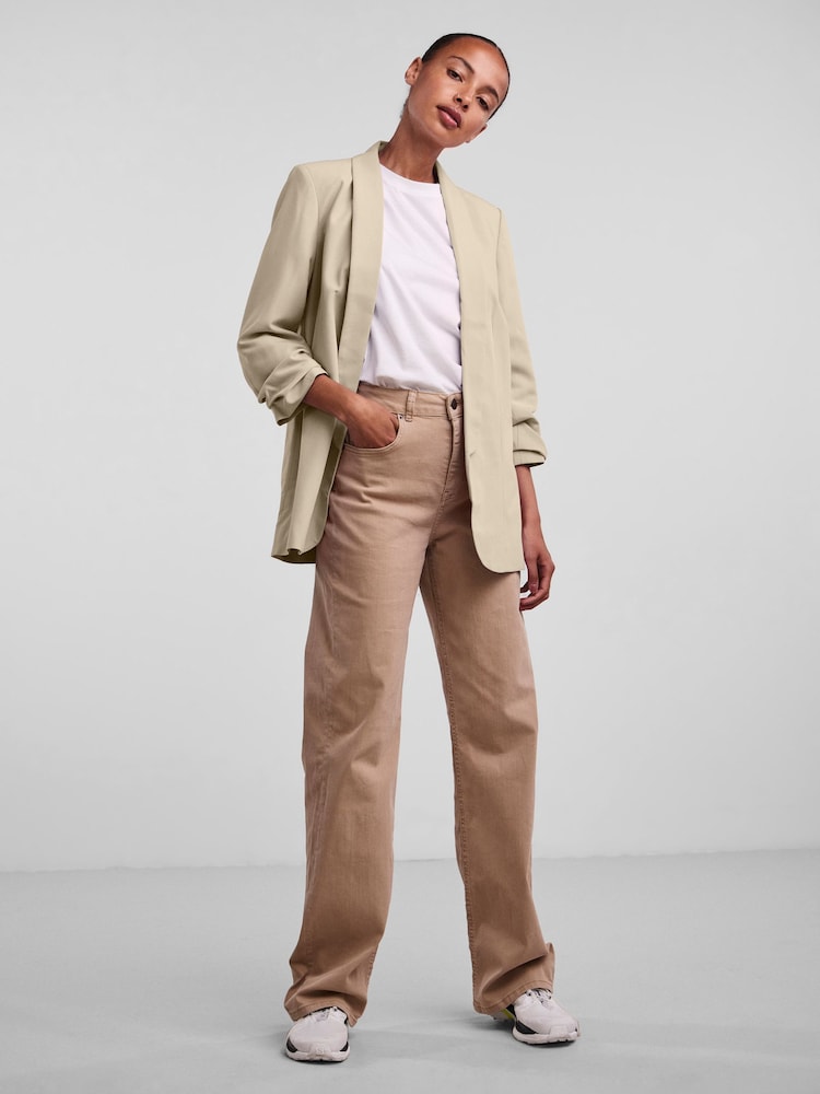 PIECES Cream 3/4 Ruched Sleeve Blazer - Image 2 of 6