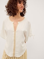 Monsoon Cream Adela Embroidered Linen Blend Top - Image 1 of 3