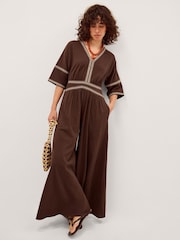 Monsoon Brown Taryn Floral Trim Jersey Jumpsuit - Image 1 of 3