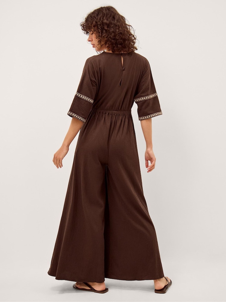 Monsoon Brown Taryn Floral Trim Jersey Jumpsuit - Image 2 of 3