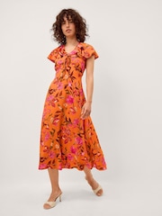 Monsoon Orange Leila Floral Print Midi Dress - Image 1 of 3