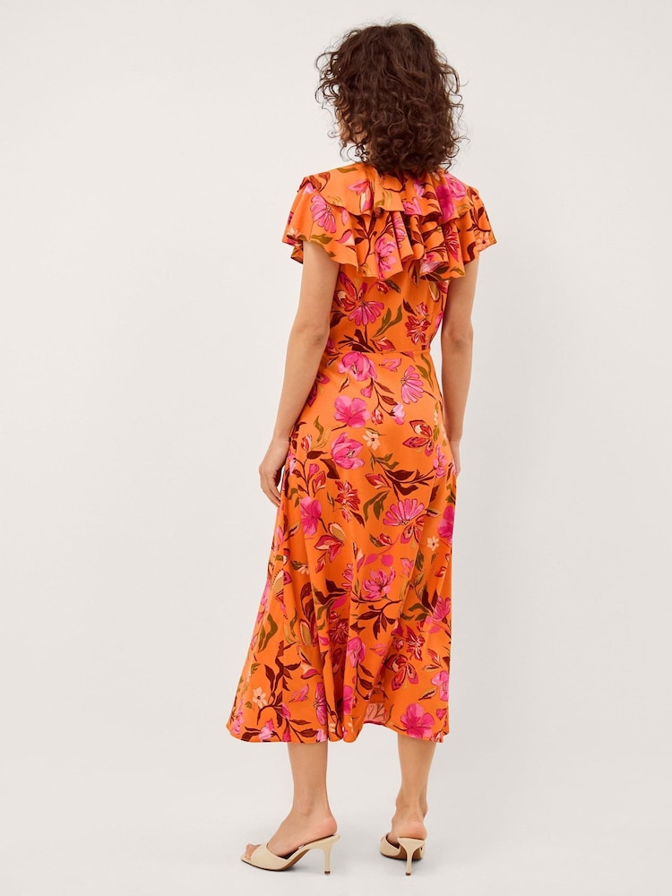 Monsoon Orange Leila Floral Print Midi Dress - Image 2 of 3