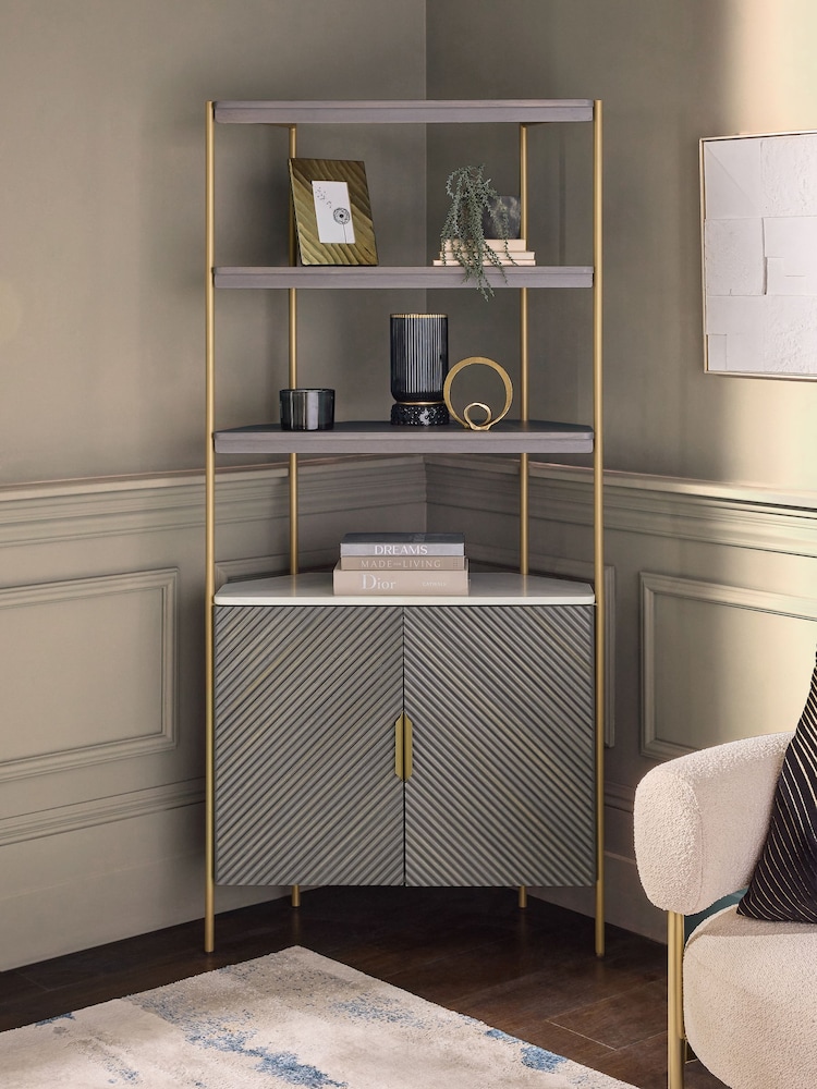 Dark Grey Valencia Marble Mango Wood Corner Shelf - Image 2 of 10