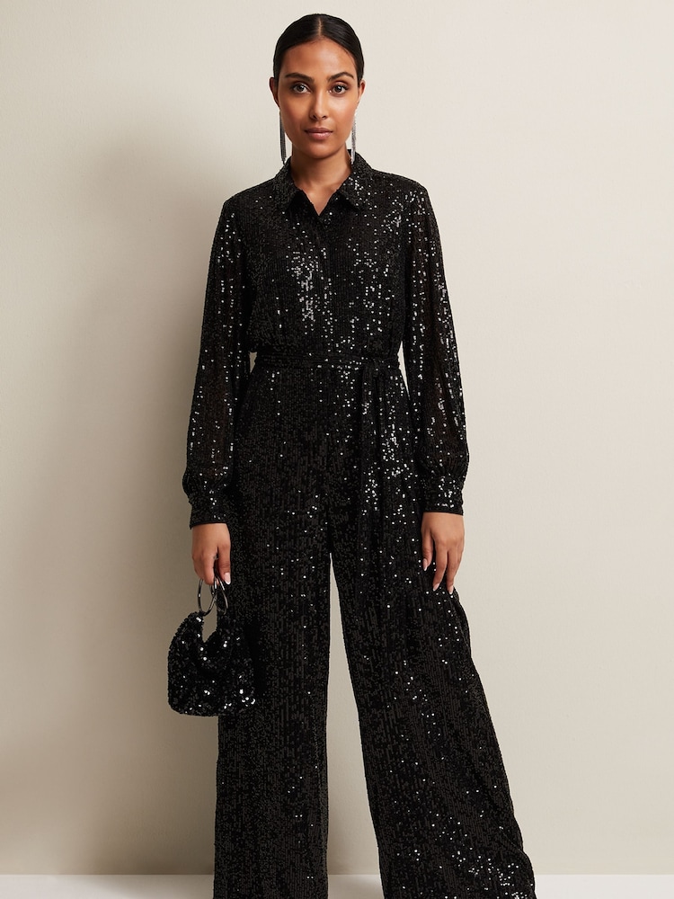 Phase Eight Petite Alessandra Sequin Black Jumpsuit - Image 1 of 6