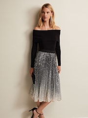 Phase Eight Celeste Sequin Ombre Pleated Black Midi Skirt - Image 1 of 6