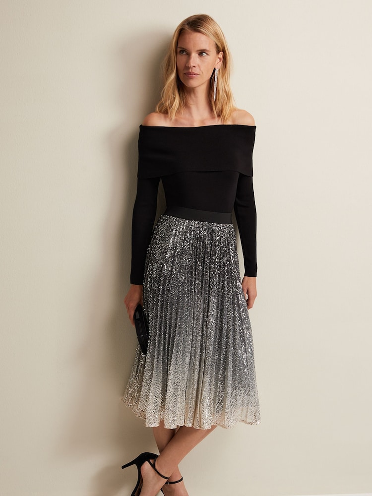 Phase Eight Celeste Sequin Ombre Pleated Black Midi Skirt - Image 1 of 6