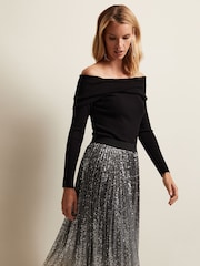Phase Eight Celeste Sequin Ombre Pleated Black Midi Skirt - Image 3 of 6
