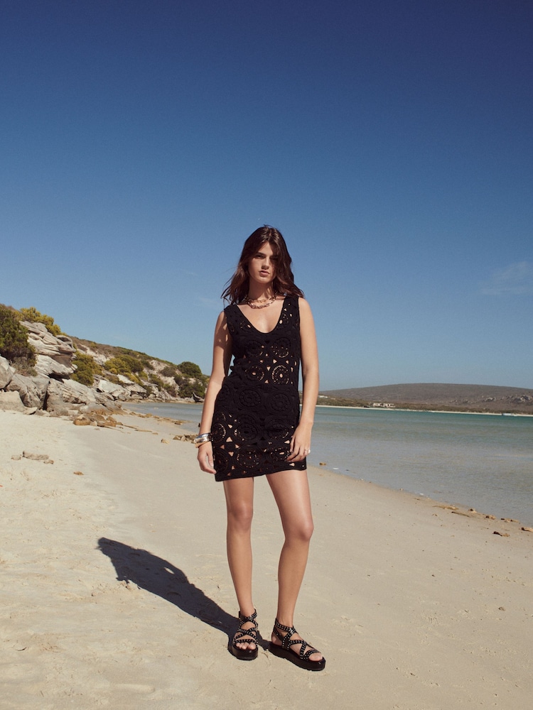 Black Mini Crochet Cover-Up Dress - Image 2 of 8