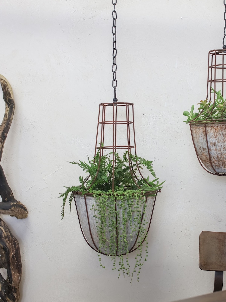 Nkuku Aged Zinc Abari Large Caged Hanging Planter - Image 1 of 2 Nkuku Aged Zinc Abari Large Caged Hanging Planter - Image 1 of 2