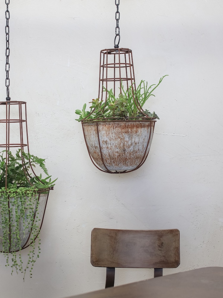 Nkuku Aged Zinc Abari Small Caged Hanging Planter - Image 1 of 2 Nkuku Aged Zinc Abari Small Caged Hanging Planter - Image 1 of 2