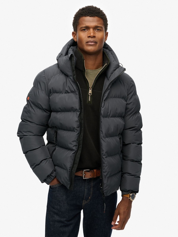 Superdry Grey Hooded Sports Puffer Jacket - Image 1 of 8