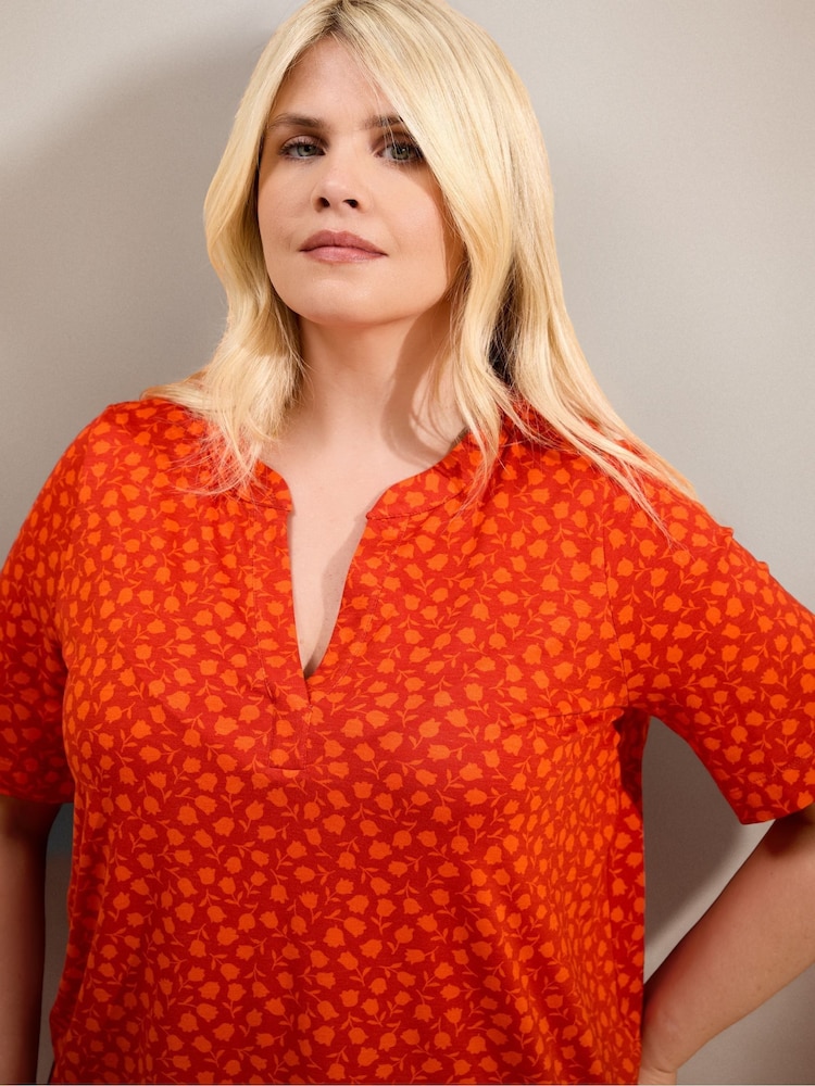 Live Unlimited Orange Orange Floral Print Nehru Collar Short Sleeve Jersey Top - Image 2 of 5