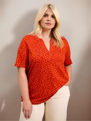 Live Unlimited Orange Orange Floral Print Nehru Collar Short Sleeve Jersey Top - Image 3 of 5