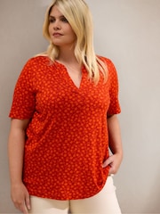 Live Unlimited Orange Orange Floral Print Nehru Collar Short Sleeve Jersey Top - Image 4 of 5