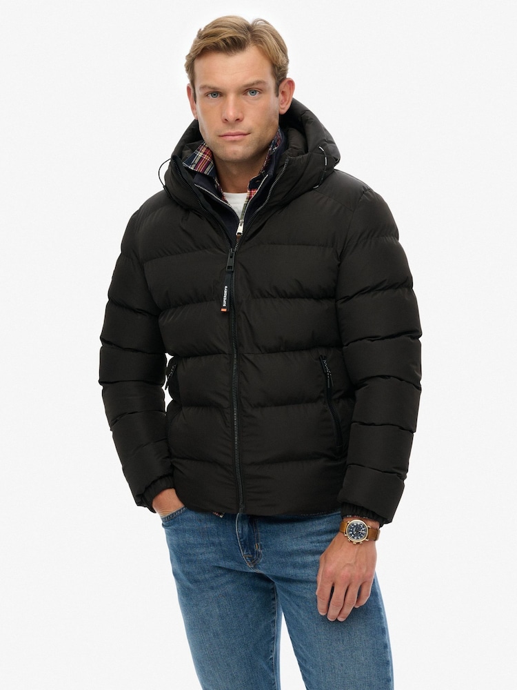 Superdry Black Hooded Sports Puffer Jacket - Image 1 of 6