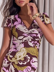 Lipsy Brown Paisley Printed Jersey Short Sleeve V-Neck Trim Mini Dress - Image 3 of 5
