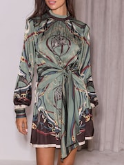 Lipsy Green Chain Print Satin Long Sleeve Tie Waist Mini Dress - Image 2 of 5