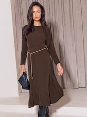 Lipsy Chocolate Brown Belted Chain Batwing Sleeve Midi Dress - Image 1 of 5