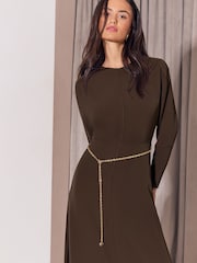 Lipsy Chocolate Brown Belted Chain Batwing Sleeve Midi Dress - Image 2 of 5
