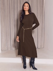 Lipsy Chocolate Brown Belted Chain Batwing Sleeve Midi Dress - Image 3 of 5